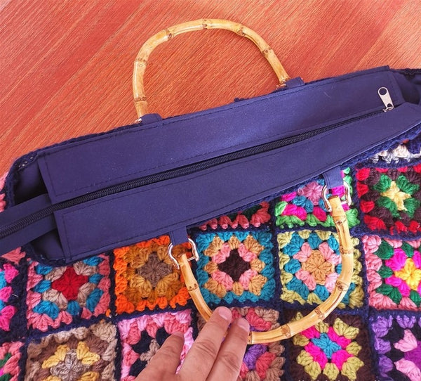 Granny Square Tote Bag Handmade Crochet Multi Color Big Purse Large Boho Handbag Bamboo Handle Hand Knitted Zipper Closure 16.5" x 12.5"