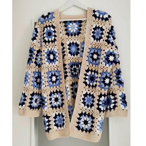 Granny Square Cardigan Beige Navy And Light Blue Hand Crocheted Sweater Coat Handmade Hand Knitted Crochet Jacket One Size