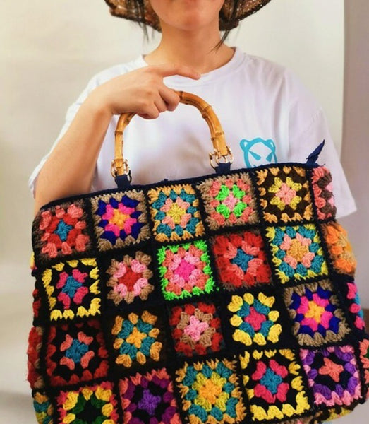Granny Square Tote Bag Handmade Crochet Multi Color Big Purse Large Boho Handbag Bamboo Handle Hand Knitted Zipper Closure 16.5" x 12.5"