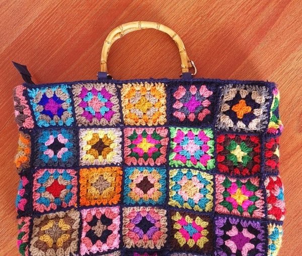 Granny Square Tote Bag Handmade Crochet Multi Color Big Purse Large Boho Handbag Bamboo Handle Hand Knitted Zipper Closure 16.5" x 12.5"
