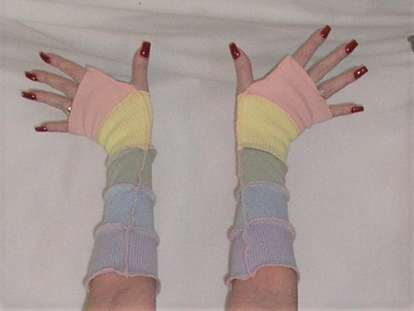 Arm Warmers "Pastel Pleasure" Fingerless Gloves Recycled Upcycled Sweater Patchwork Warmies Baby Blue Baby Yellow Icy Pink Fresh Mint Yummy