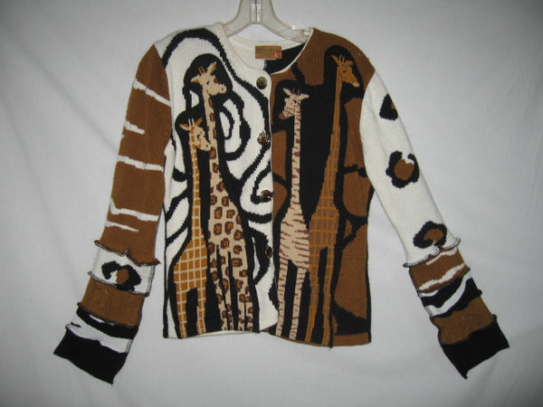 Wild About Giraffes Cardigan Size Medium / Large Animal Print Patchwork Recycled Sweater Wearable Art Leopard Spots Zebra Stripes