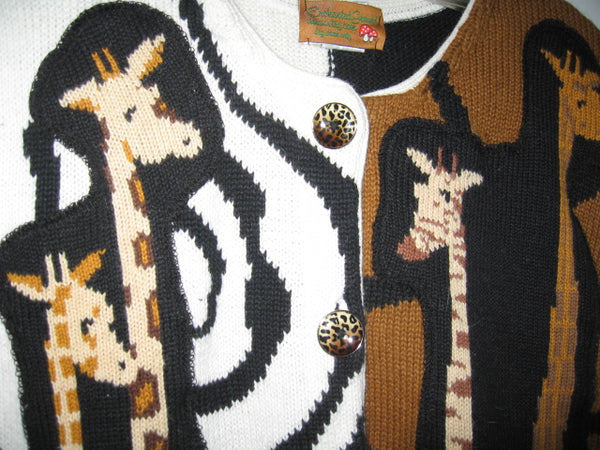Wild About Giraffes Cardigan Size Medium / Large Animal Print Patchwork Recycled Sweater Wearable Art Leopard Spots Zebra Stripes