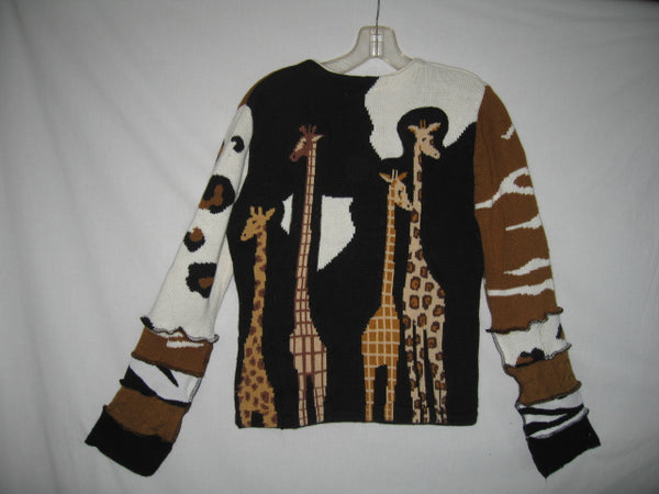 Wild About Giraffes Cardigan Size Medium / Large Animal Print Patchwork Recycled Sweater Wearable Art Leopard Spots Zebra Stripes