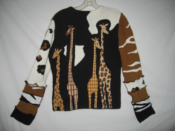 Wild About Giraffes Cardigan Size Medium / Large Animal Print Patchwork Recycled Sweater Wearable Art Leopard Spots Zebra Stripes
