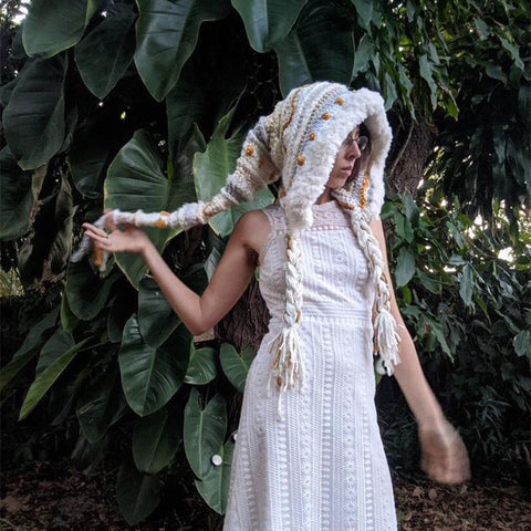 Elf Hood For Adults Beige And White Rainbow Or Gray You Choose Hand Knitted Trapper Hat Warm Winter Hat