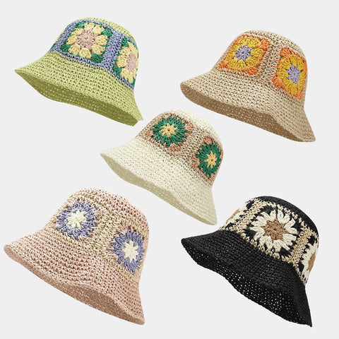 Granny Square Bucket Hat 6 Different Colors You Choose Handmade Crochet Woven Straw Boho Beach Cap Sun Protection