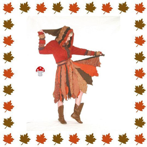 Elf Coat "Acorn Squash" Size Medium Pixie Flower Petal Hoodie Recycled Sweater Duster Fall Autumn Leaves Harvest Orange Brown Hooded Jacket
