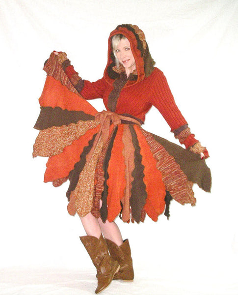 Elf Coat "Acorn Squash" Size Medium Pixie Flower Petal Hoodie Recycled Sweater Duster Fall Autumn Leaves Harvest Orange Brown Hooded Jacket
