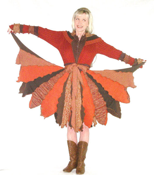Elf Coat "Acorn Squash" Size Medium Pixie Flower Petal Hoodie Recycled Sweater Duster Fall Autumn Leaves Harvest Orange Brown Hooded Jacket