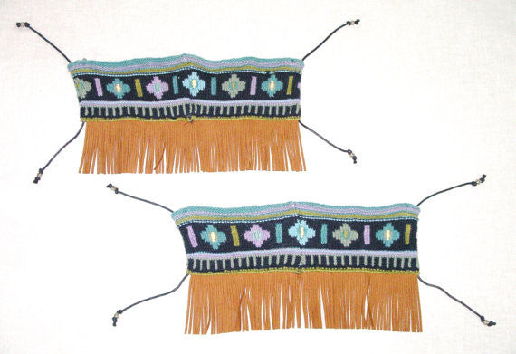 Aztec Boot Wraps Cuffs With Genuine Leather Fringe Navy Southwestern Print Boot Wraps Toppers Recycled Sweaters Navy Olive Green Lavender