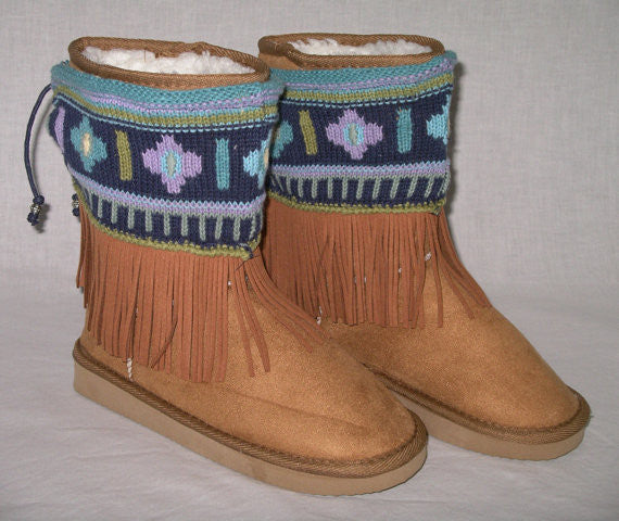 Aztec Boot Wraps Cuffs With Genuine Leather Fringe Navy Southwestern Print Boot Wraps Toppers Recycled Sweaters Navy Olive Green Lavender