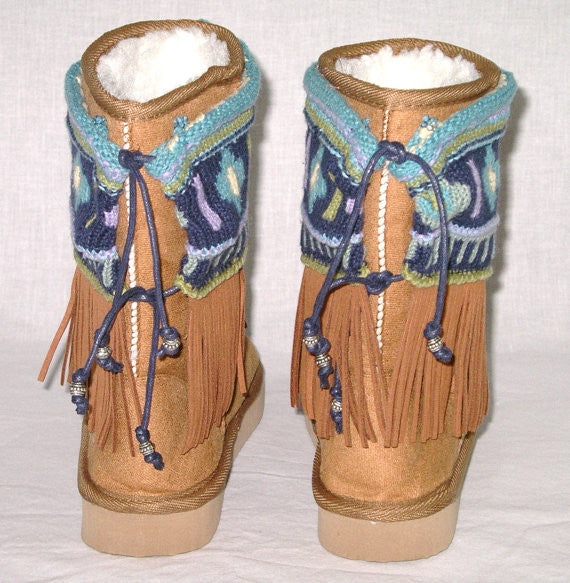 Aztec Boot Wraps Cuffs With Genuine Leather Fringe Navy Southwestern Print Boot Wraps Toppers Recycled Sweaters Navy Olive Green Lavender
