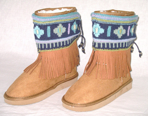 Aztec Boot Wraps Cuffs With Genuine Leather Fringe Navy Southwestern Print Boot Wraps Toppers Recycled Sweaters Navy Olive Green Lavender