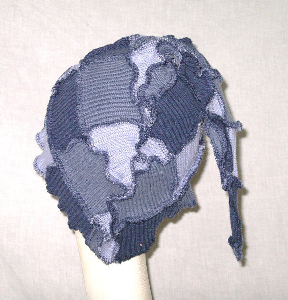 Elf Hat "Blueberry Muffin" Stocking Cap Beanie One Size Unisex Men Women Patchwork Recycled Sweaters Navy Dusty Light Blue Earth Friendly