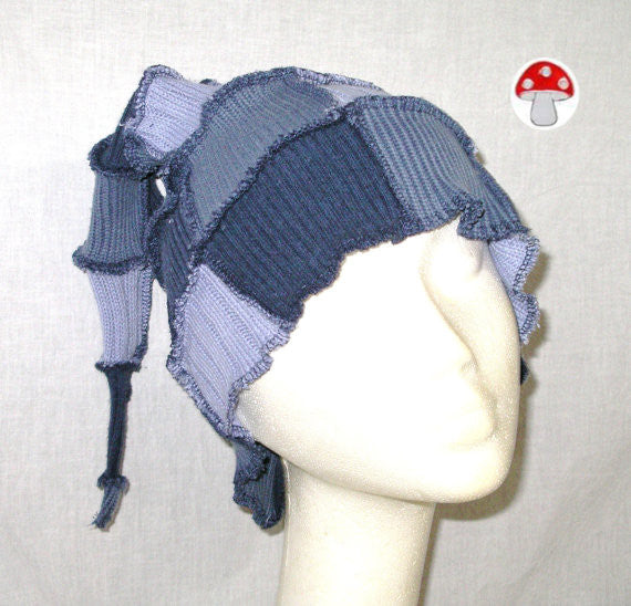 Elf Hat "Blueberry Muffin" Stocking Cap Beanie One Size Unisex Men Women Patchwork Recycled Sweaters Navy Dusty Light Blue Earth Friendly