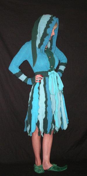 Elf Coat "Crop Circles" Size XXS Pixie Flower Petal Jacket Recycled Sweater Duster Extra Extra Small Blue Green Fairy Dress Sacred Geometry