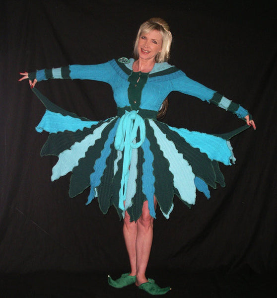 Elf Coat "Crop Circles" Size XXS Pixie Flower Petal Jacket Recycled Sweater Duster Extra Extra Small Blue Green Fairy Dress Sacred Geometry