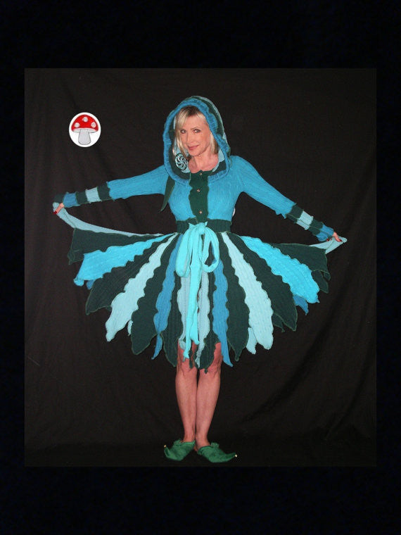 Elf Coat "Crop Circles" Size XXS Pixie Flower Petal Jacket Recycled Sweater Duster Extra Extra Small Blue Green Fairy Dress Sacred Geometry