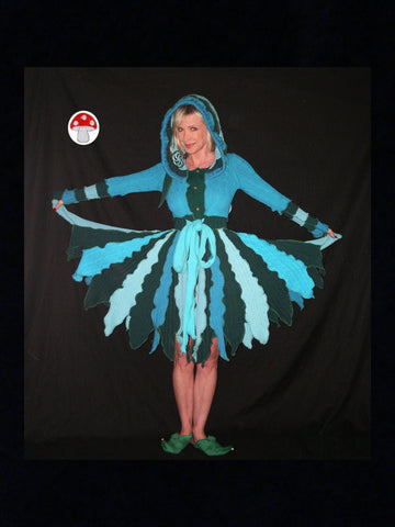 Elf Coat "Crop Circles" Size XXS Pixie Flower Petal Jacket Recycled Sweater Duster Extra Extra Small Blue Green Fairy Dress Sacred Geometry