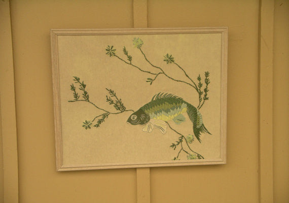 Wall Art "Delicious Fishes" Framed Sweater Art Recycled Clothing Sushi Bar Decor Man Cave Office Den Sparkling Seaweed 16" x 20" Picture OOAK