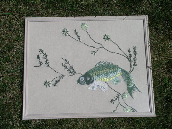 Wall Art "Delicious Fishes" Framed Sweater Art Recycled Clothing Sushi Bar Decor Man Cave Office Den Sparkling Seaweed 16" x 20" Picture OOAK