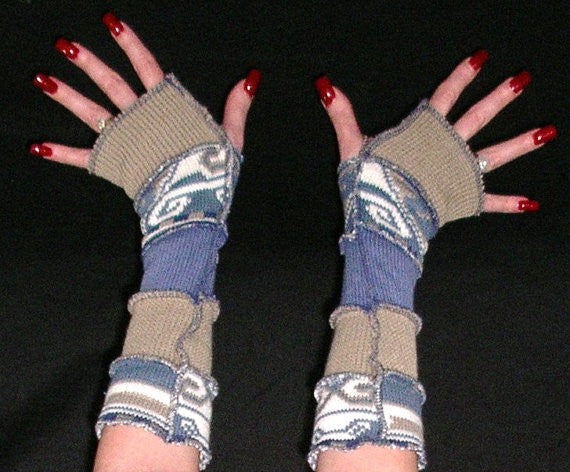 Arm Warmers "Desert Mirage" Armwarmers Fingerless Gloves Hippie Patchwork Warmies Cool Water Blue Sand Beige Recycled Sweaters