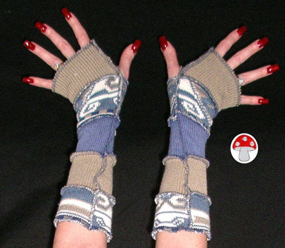 Arm Warmers "Desert Mirage" Armwarmers Fingerless Gloves Hippie Patchwork Warmies Cool Water Blue Sand Beige Recycled Sweaters