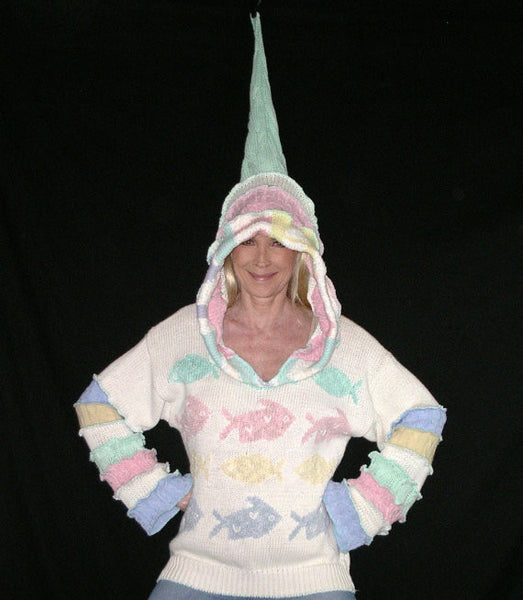 Elf Hoodie "Fish Bowl" Size Large White With Pastels Pink Blue Aqua Seafoam Pale Blue And Yellow Pixie Pullover Fairy Jumper Recycled Sweaters