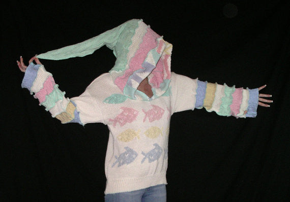 Elf Hoodie "Fish Bowl" Size Large White With Pastels Pink Blue Aqua Seafoam Pale Blue And Yellow Pixie Pullover Fairy Jumper Recycled Sweaters