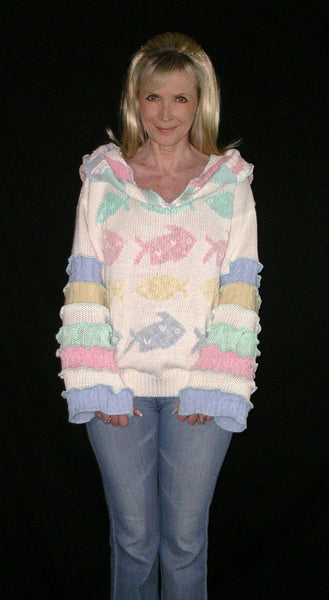 Elf Hoodie "Fish Bowl" Size Large White With Pastels Pink Blue Aqua Seafoam Pale Blue And Yellow Pixie Pullover Fairy Jumper Recycled Sweaters