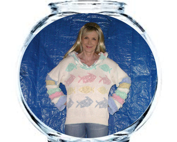 Elf Hoodie "Fish Bowl" Size Large White With Pastels Pink Blue Aqua Seafoam Pale Blue And Yellow Pixie Pullover Fairy Jumper Recycled Sweaters