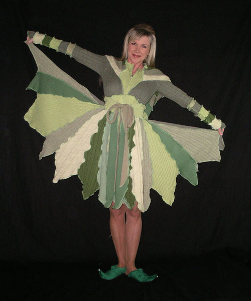 Elf Coat "Forest Fairy" Size Small Pixie Flower Petal Green Leaves Nature Fae Recycled Repurposed Sweater Art Hooded Long Jacket
