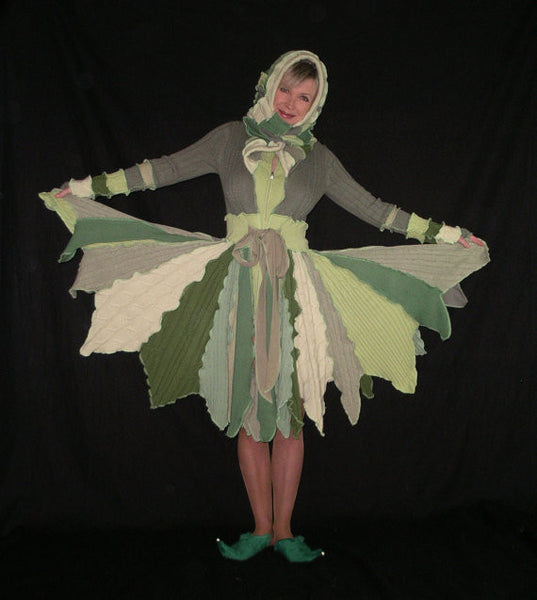 Elf Coat "Forest Fairy" Size Small Pixie Flower Petal Green Leaves Nature Fae Recycled Repurposed Sweater Art Hooded Long Jacket
