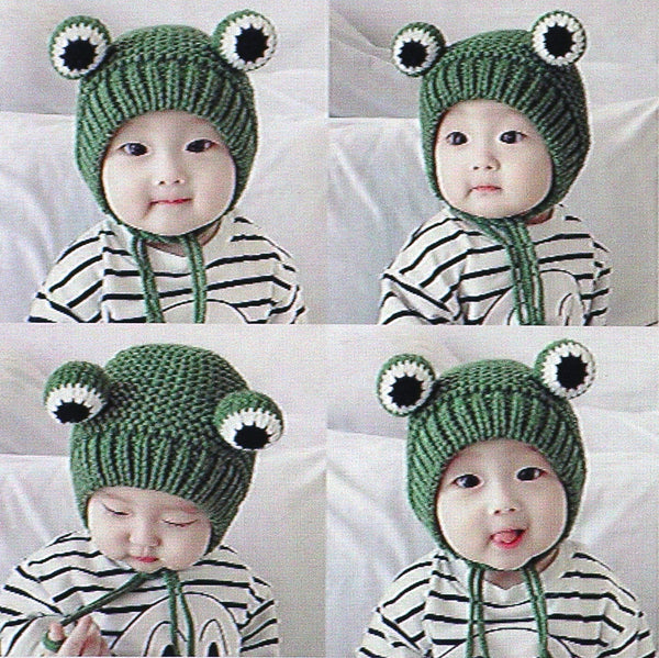 Hand Knitted Frog Childrens Beanie Green Stocking Cap Eyes On Top Cute Funny 1-3 Years Old