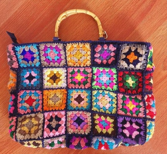 Granny Square Tote Bag Handmade Crochet Multi Color Big Purse Large Boho Handbag Bamboo Handle Hand Knitted Zipper Closure 16.5" x 12.5"