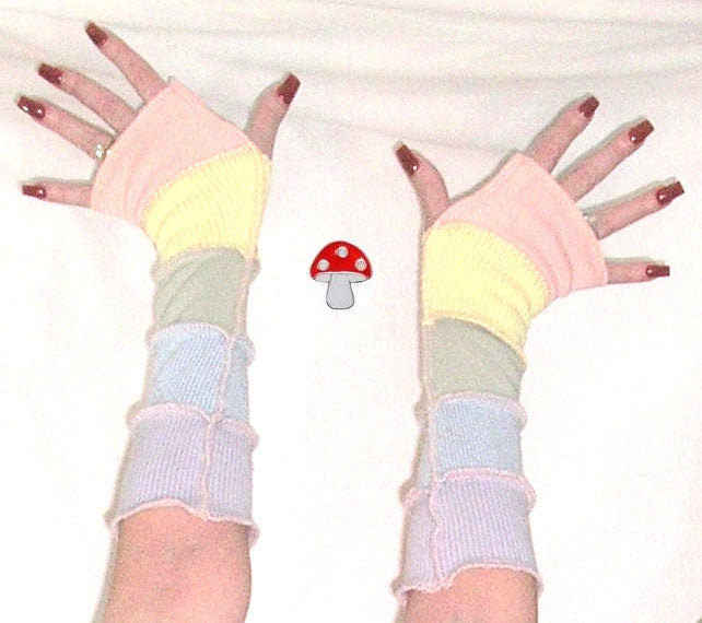 Arm Warmers "Pastel Pleasure" Fingerless Gloves Recycled Upcycled Sweater Patchwork Warmies Baby Blue Baby Yellow Icy Pink Fresh Mint Yummy
