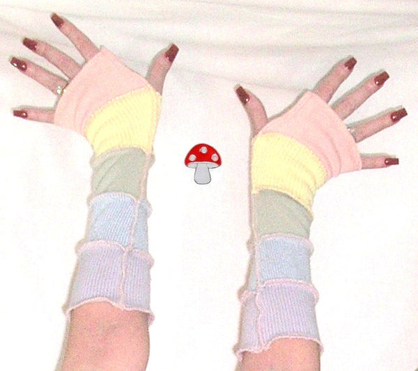 Arm Warmers "Pastel Pleasure" Fingerless Gloves Recycled Upcycled Sweater Patchwork Warmies Baby Blue Baby Yellow Icy Pink Fresh Mint Yummy