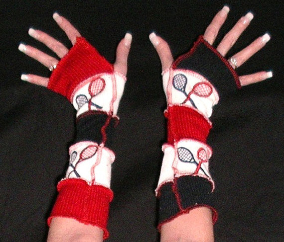 Arm Warmers "Tennis Anyone?" Fingerless Gloves American British Red White Blue Raquet Ball Players Warm Warmies Patchwork Recycled Sweaters