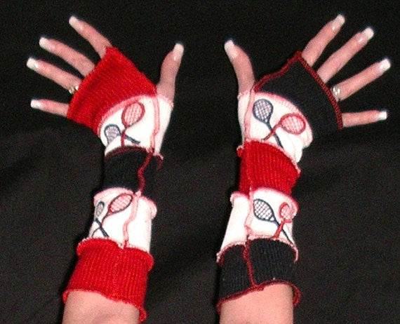 Arm Warmers "Tennis Anyone?" Fingerless Gloves American British Red White Blue Raquet Ball Players Warm Warmies Patchwork Recycled Sweaters