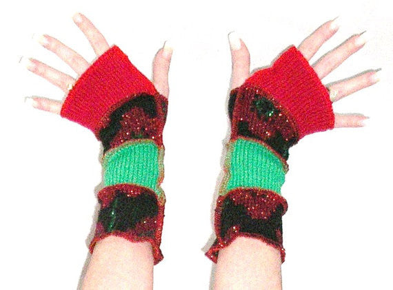 Arm Warmers "Ugly Christmas Sweater" Fingerless Gloves Red Amaryllis Sparkle Glitter Flowers Red And Green Xmas