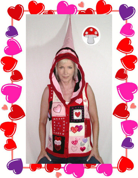 Dragon Slayer Vest "Valentines" Size Large Hoodie Red White Pink Lavender And Black Hearts Patchwork Recycled Sweaters Beads Sequins Bling Handmade Hand Embroidered