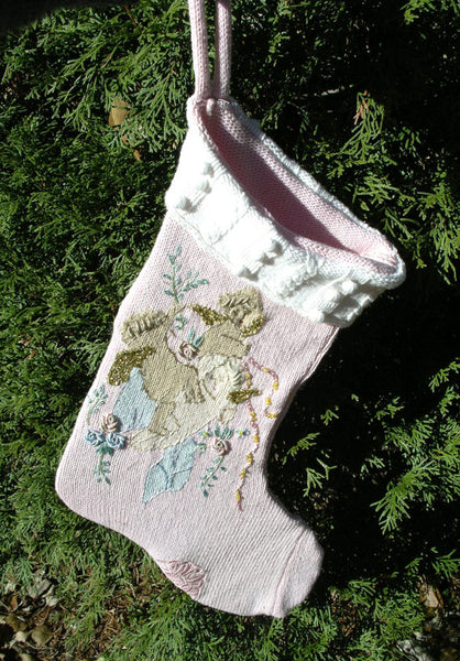 Victorian Christmas Stocking Light Pink Gold Angel Recycled Repurposed Sweater Art White Snowballs Fireplace Mantle Decoration