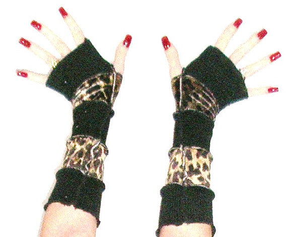 Arm Warmers "Wild Thing" Fingerless Gloves Meow Hiss! Reeer Leopard Black Sweater Warmies Patchwork Animal Print Sleeves Kittens Mittens