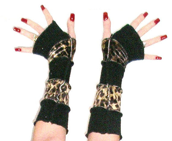 Arm Warmers "Wild Thing" Fingerless Gloves Meow Hiss! Reeer Leopard Black Sweater Warmies Patchwork Animal Print Sleeves Kittens Mittens