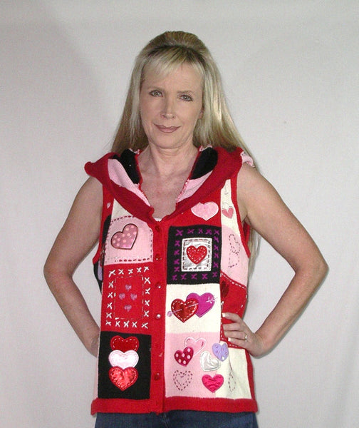 Dragon Slayer Vest "Valentines" Size Large Hoodie Red White Pink Lavender And Black Hearts Patchwork Recycled Sweaters Beads Sequins Bling Handmade Hand Embroidered