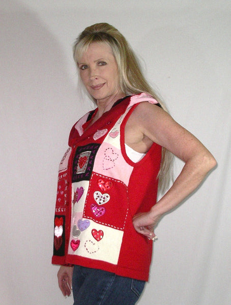 Dragon Slayer Vest "Valentines" Size Large Hoodie Red White Pink Lavender And Black Hearts Patchwork Recycled Sweaters Beads Sequins Bling Handmade Hand Embroidered