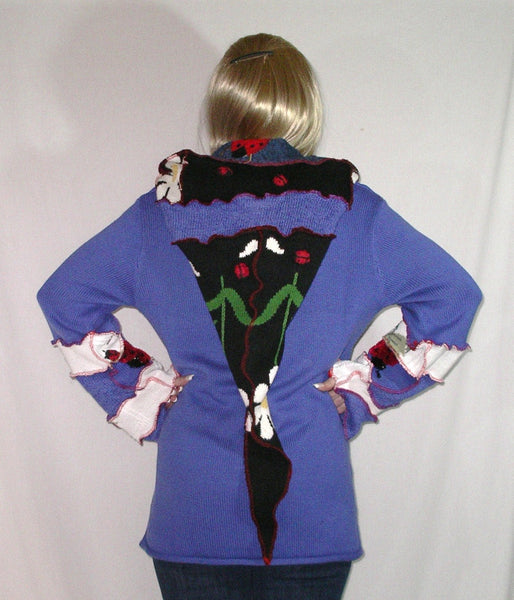 Elf Hoodie "Ladybug" Size Large Royal Blue Recycled Sweater Art Pullover Jumper Tunic With Red Ladybird Beetles And White Daisies Fairy Fantasy Fashion