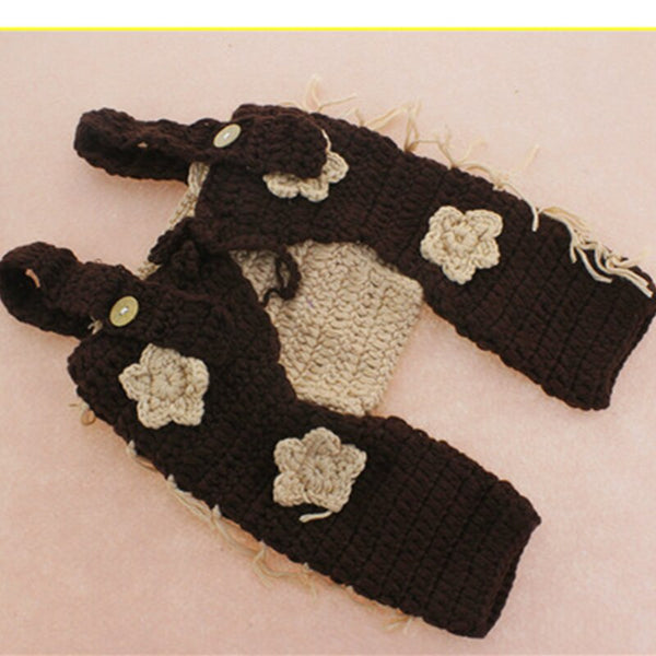 Baby Cowboy Newborn Photography Props Hand Knitted Hat Pants And Suspenders Set Cute Baby's Photo