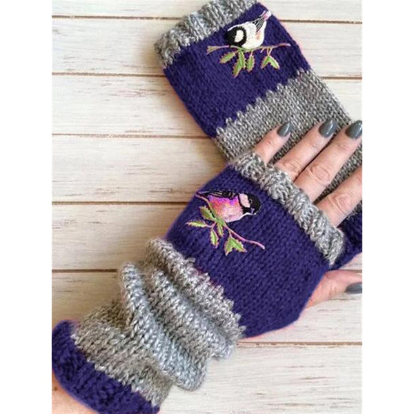 Fingerless Gloves With Embroidered Birds In 6 Different Colors You Choose Texting Mittens Spring Green Black Red Lavender Navy Blue Or Brown